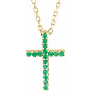 14K Yellow Gold Natural Emerald Petite Cross 16" Necklace