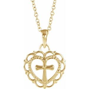 14K Yellow Gold Youth Heart with Cross 16-18" Necklace