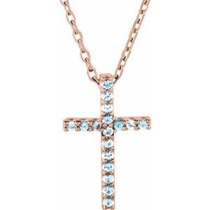 14K Rose Gold Natural Aquamarine Petite Cross 16" Necklace