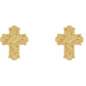 14K Yellow Gold Floral Cross Earrings
