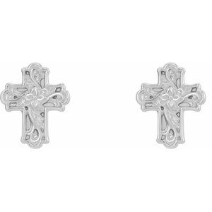 14K White Gold Floral Cross Earrings