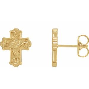 14K Yellow Gold Floral Cross Earrings
