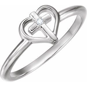 Platinum .01 CT Natural Diamond Cross & Heart Ring