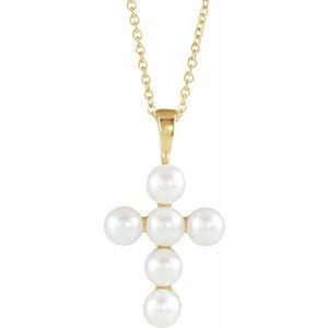 14K Yellow Gold Cultured White Freshwater Pearl Cross 16-18" Necklace