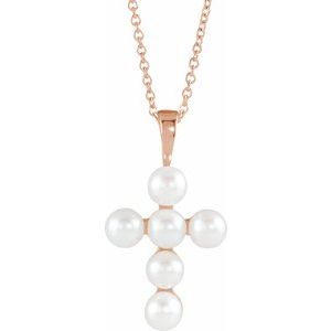 14K Rose Gold Cultured White Freshwater Pearl Cross 16-18" Necklace