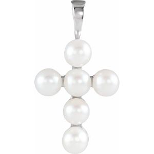 14K White Gold Cultured White Freshwater Pearl Cross Pendant