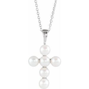 14K White Gold Cultured White Freshwater Pearl Cross 16-18" Necklace
