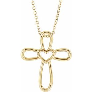 14K Yellow Gold Cross with Heart 16-18" Necklace