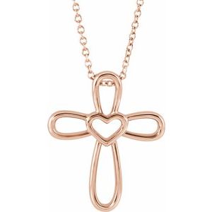 14K Rose Gold Cross with Heart 16-18" Necklace