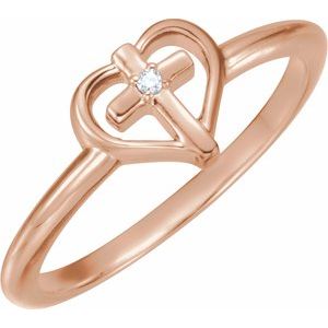 14K Rose Gold .01 CT Natural Diamond Cross & Heart Ring