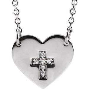 14K White Gold .02 CTW Natural Diamond Heart & Cross 16-18" Necklace