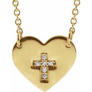 14K Yellow Gold .02 CTW Natural Diamond Heart & Cross 16-18" Necklace
