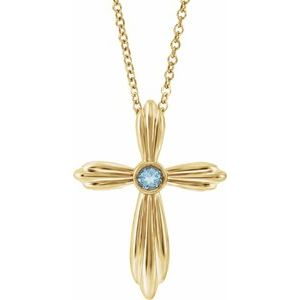 14K Yellow Gold Natural Aquamarine Cross 16-18" Necklace