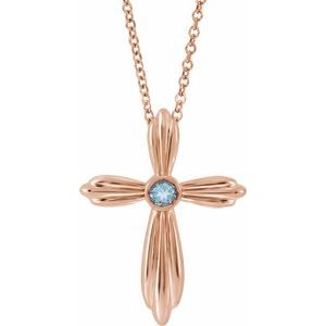 14K Rose Gold Natural Aquamarine Cross 16-18" Necklace