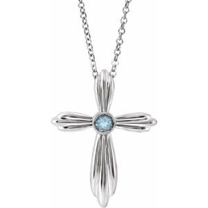 14K White Gold Natural Aquamarine Cross 16-18" Necklace