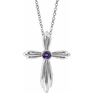 14K White Gold Natural Amethyst Cross 16-18" Necklace