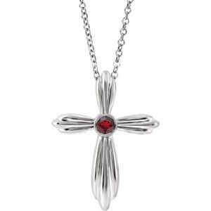 Sterling Silver Natural Mozambique Garnet Cross 16-18"  Necklace