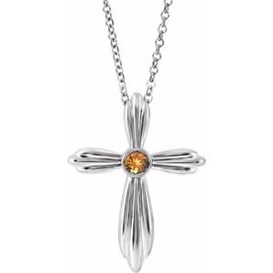 14K White Gold Natural Citrine Cross 16-18" Necklace