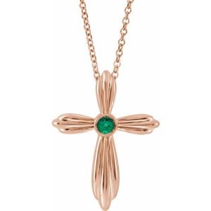 14K Rose Gold Lab-Grown Emerald Cross 16-18" Necklace