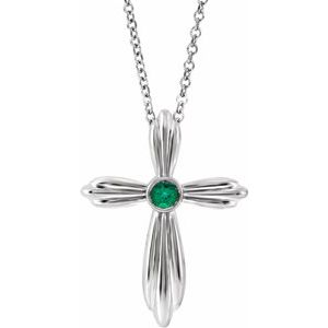 Platinum Lab-Grown Emerald Cross 16-18" Necklace