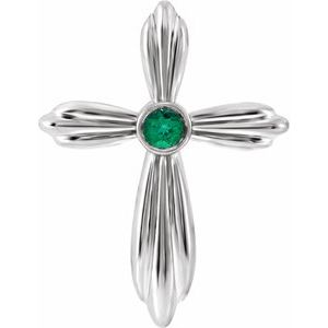 14K White Gold Lab-Grown Emerald Cross Pendant