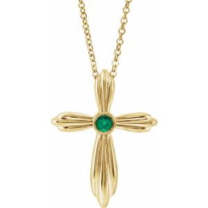 14K Yellow Gold Lab-Grown Emerald Cross 16-18" Necklace