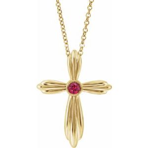 14K Yellow Gold Natural Ruby Cross 16-18" Necklace