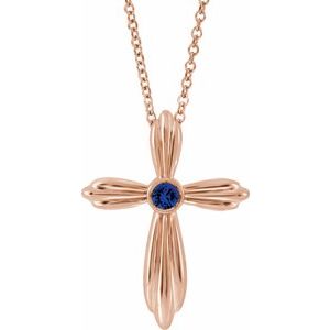14K Rose Gold Lab-Grown Sapphire Cross 16-18" Necklace