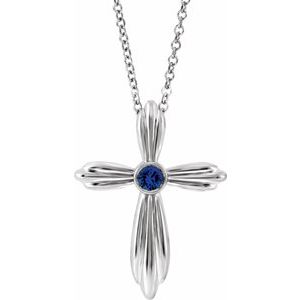 Sterling Silver Lab-Grown Sapphire Cross 16-18" Necklace