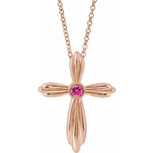 14K Rose Gold Natural Pink Tourmaline Cross 16-18" Necklace