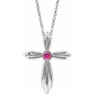 Platinum Natural Pink Tourmaline Cross 16-18" Necklace