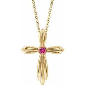 14K Yellow Gold Natural Pink Tourmaline Cross 16-18" Necklace