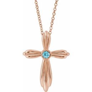 14K Rose Gold Natural Blue Zircon Cross 16-18" Necklace