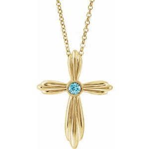 14K Yellow Gold Natural Blue Zircon Cross 16-18" Necklace
