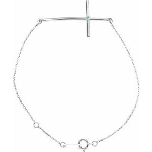 Sterling Silver Natural Aquamarine Sideways Cross 7-8" Bracelet