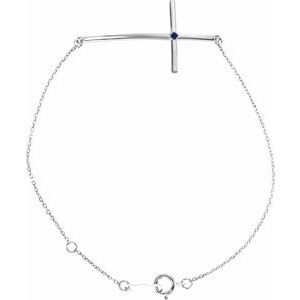 14K White Gold Natural Blue Sapphire Sideways Cross 7-8" Bracelet