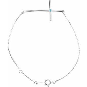 14K White Gold Natural Blue Zircon Sideways Cross 7-8" Bracelet