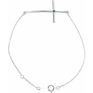 Sterling Silver Imitation Emerald Sideways Cross 7-8" Bracelet