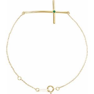 14K Yellow Gold Natural Emerald Sideways Cross 7-8" Bracelet