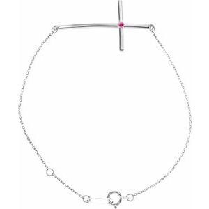 14K White Gold Natural Pink Tourmaline Sideways Cross 7-8" Bracelet