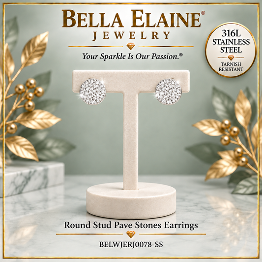 Round Stud Pave Stones Earrings - 316L Stainless Steel Earrings - Bella Elaine Jewelry