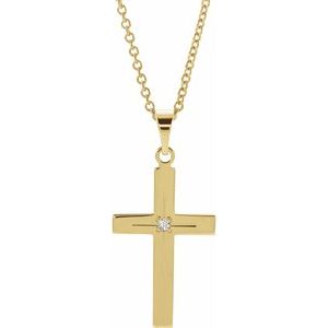14K Yellow Gold .01 CT Natural Diamond Cross 18" Necklace