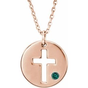14K Rose Gold Natural Alexandrite Pierced Cross Disc 16-18" Necklace