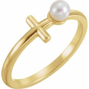 14K Yellow Gold Cultured White Freshwater Pearl Sideways Cross Ring
