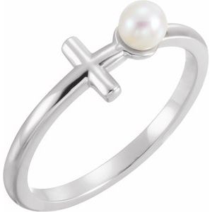 14K White Gold Cultured White Freshwater Pearl Sideways Cross Ring