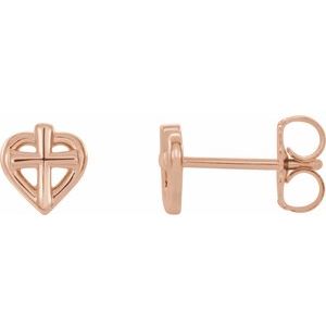 14K Rose Gold Cross with Heart Youth Earrings