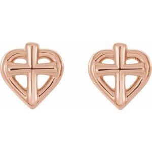 14K Rose Gold Cross with Heart Youth Earrings