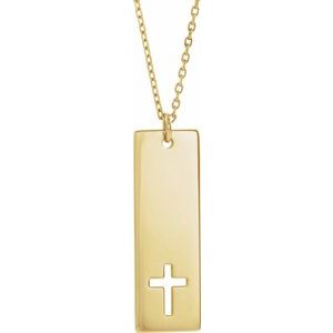 14K Yellow Gold Engravable Pierced Cross Bar 16-18" Necklace