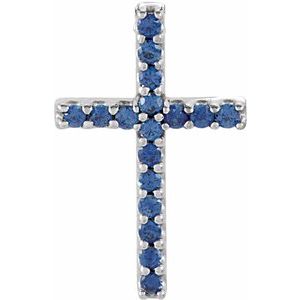 14K White Gold Natural Blue Sapphire Petite Cross Pendant