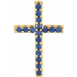 14K Yellow Gold Natural Blue Sapphire Petite Cross Pendant